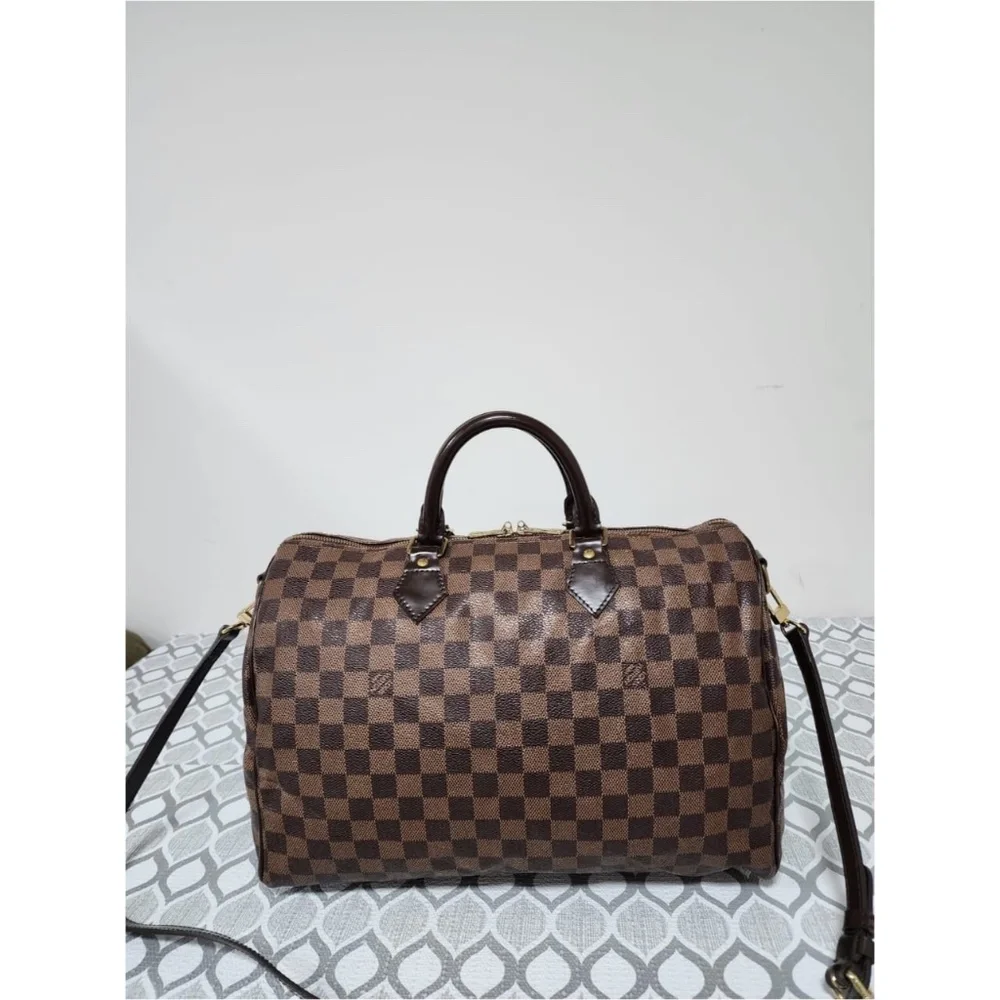 Authentic LOUIS VUITTON Damier Canvas Speedy Bandouliere 35 Bag Brown